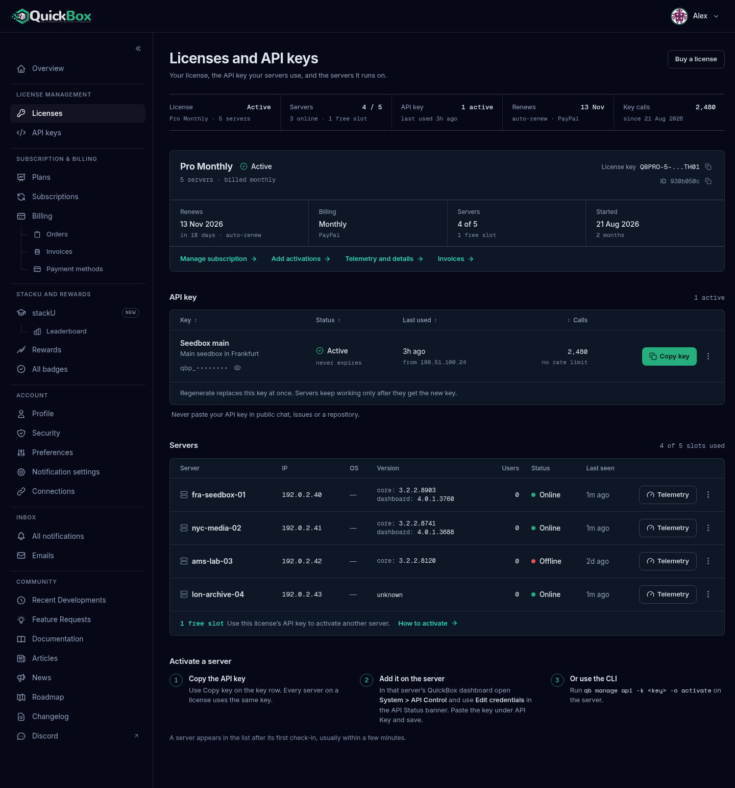 The Licenses and API keys page for an account with one license: the title and Buy a license button, the five-readout license status band, the license card, the API key table, the Servers table and the Activate a server steps.