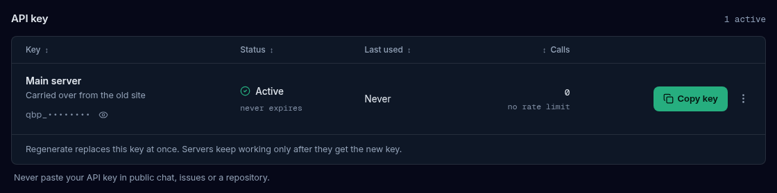 The API keys section of the Licenses page showing a masked qbp_ key with its copy control