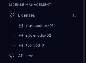 The sidebar License Management group with Licenses, three favorite servers indented beneath it on a thin line, the arrange button beside Licenses, and the API keys row after them.