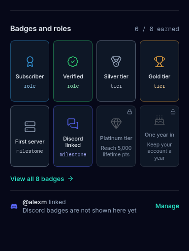The Badges and roles section with a grid of four badge tiles per row. Earned tiles are in color with a kind label under the name, and locked tiles are dimmed with a lock and a short hint. A Discord row with the linked handle and a Manage link sits under the grid.