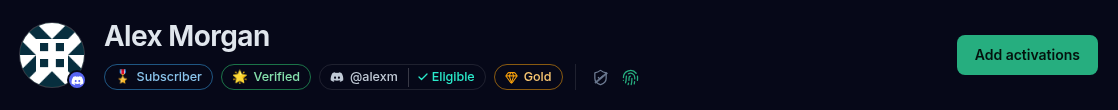 The identity header with a round picture and your name, a row of chips for roles, Discord and Rewards tier, two small security icons, and one green action button on the right.