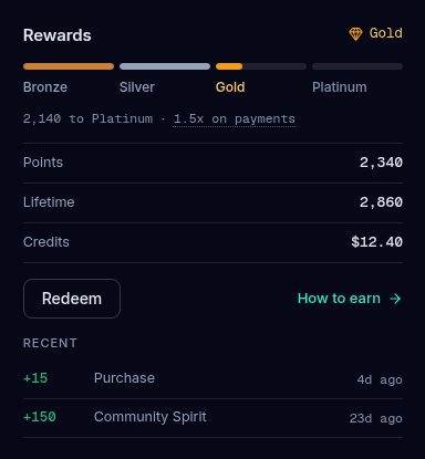 The Rewards section with a four-step tier bar, a progress line, three readouts for Points, Lifetime and Credits, the Redeem button and How to earn link, and a short list of recent earnings.