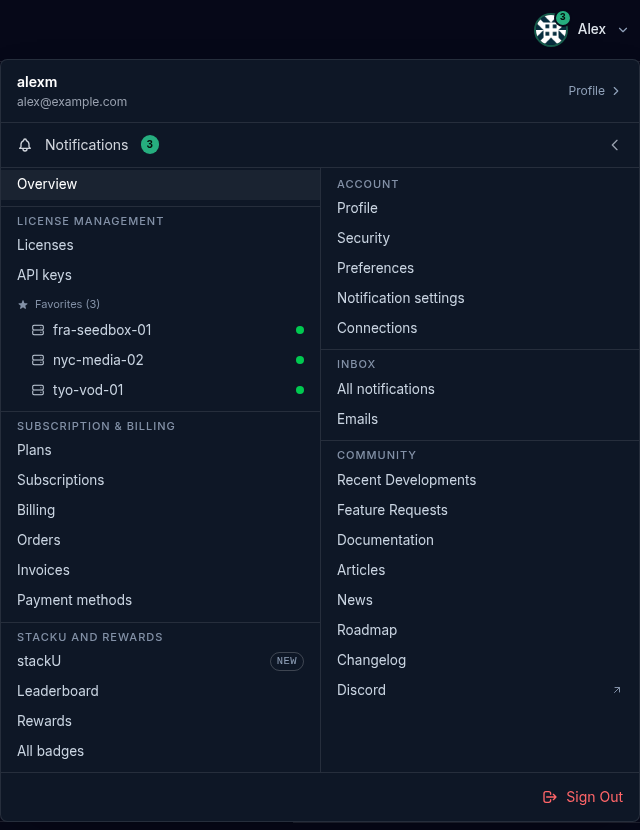 The account menu open under the avatar, showing the name and email row with Profile, the Notifications row, the grouped links and Sign Out.