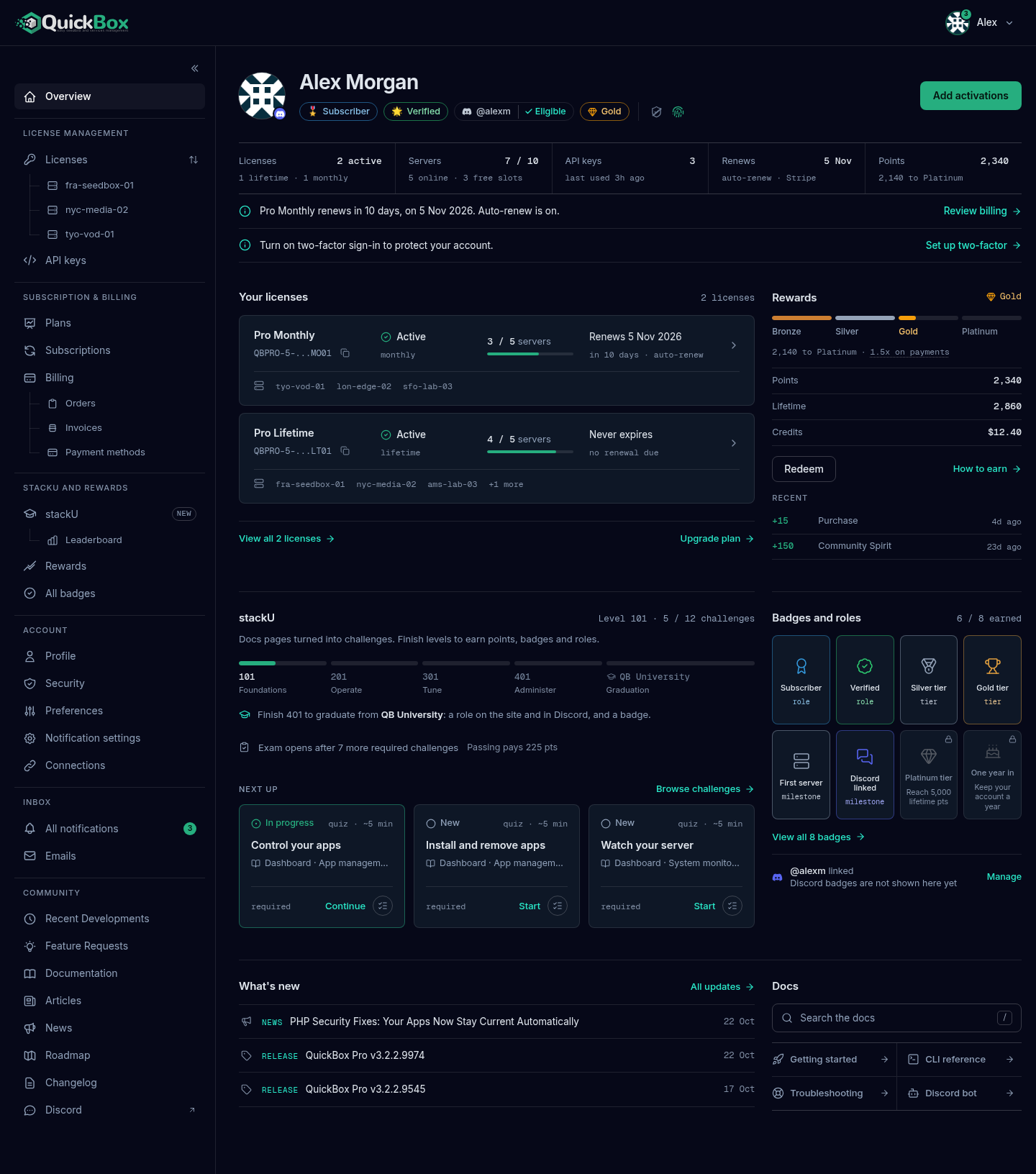 The Account Portal Overview page with the top bar across the top, the sidebar down the left and the page content filling the rest.