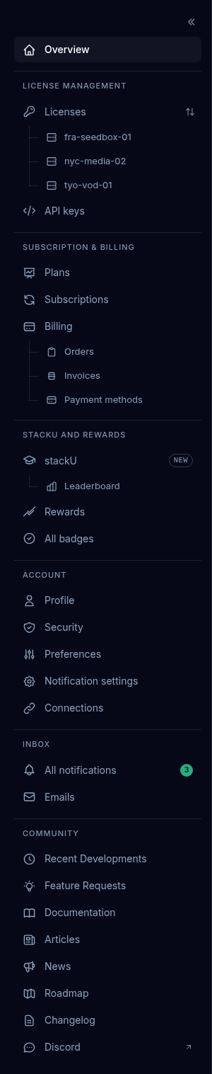 The expanded sidebar listing the Overview row and the License Management, Subscription and Billing, stackU and rewards, Account, Inbox and Community groups.