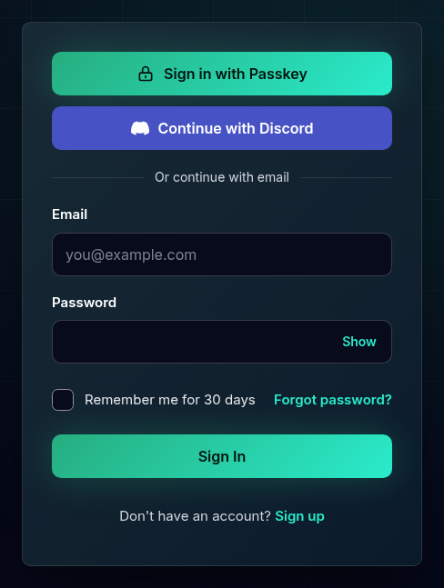 The sign-in screen with the Sign in with Passkey and Continue with Discord buttons, then the Email and Password fields, Remember me for 30 days, Forgot password and the Sign In button.