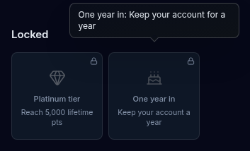 The two locked badge tiles with their unlock hints, and the tooltip open over one of them with the full unlock instruction