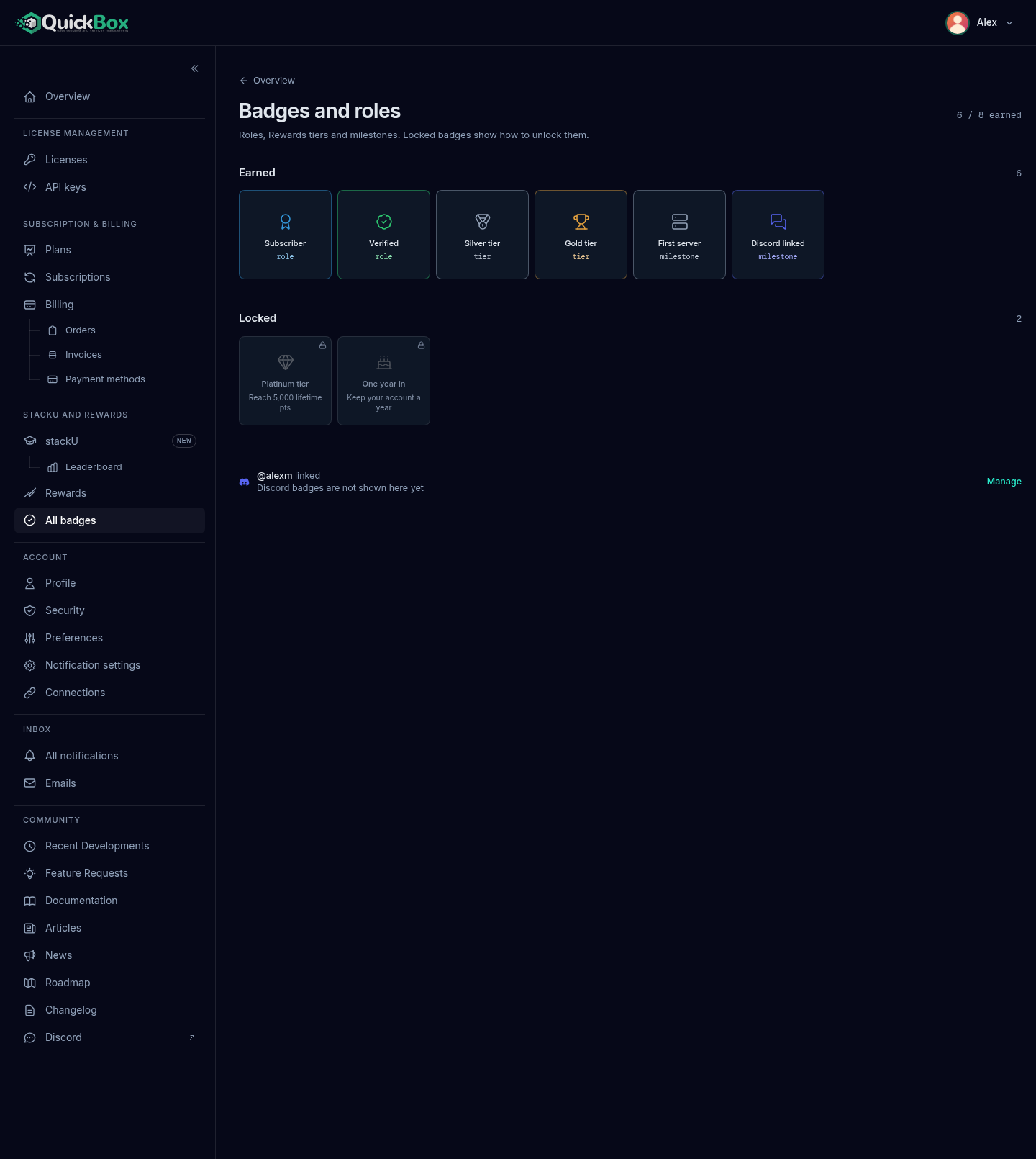 The Badges and roles page with the Earned group of lit badge tiles, the Locked group of dimmed tiles with unlock hints, and the Discord line at the bottom