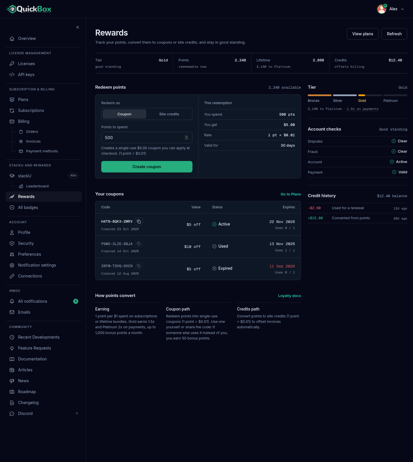 The Rewards page showing the summary band, the Redeem points card, Your coupons, How points convert, and the Tier, Account checks and Credit history cards on the right