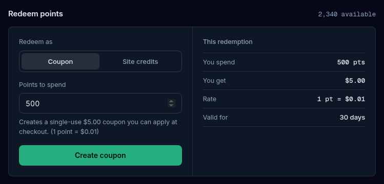 The Redeem points card with the Coupon option chosen, 500 points entered, and the panel on the right showing what you spend and what you get