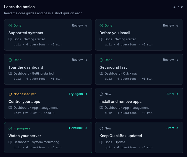 A module of stackU challenge tiles showing different states: New, In progress, Done and Not passed yet, each with its action and the docs page it comes from