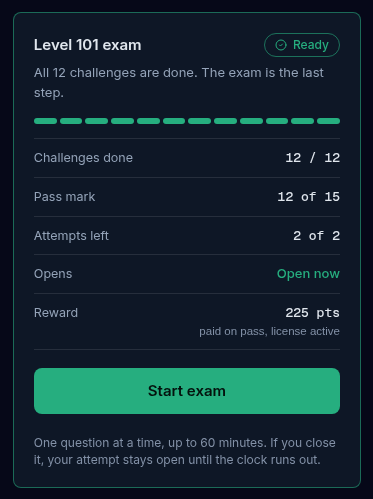The exam card on the stackU page showing the Ready pill, the challenge meter, the exam facts and the Start exam button