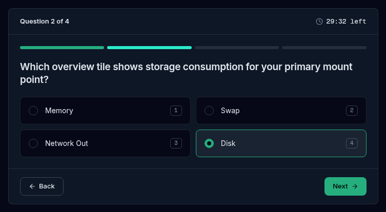 A stackU quiz open on a question with four answer options, a progress strip of four segments and a countdown