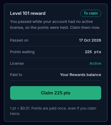 The reward card on the stackU page with the To claim pill, the points waiting, the license status and the Claim button